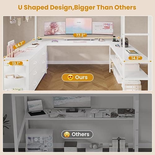 ADORNEVE Loft Bed Full Size with U-Shaped Desk, 6 Storage Drawers, Power Outlet, LED Metal Loft Bed with 2 Storage Shelves, Bed with Safety Guardrail & Ladders,Space-Saving,White thumbnail 3