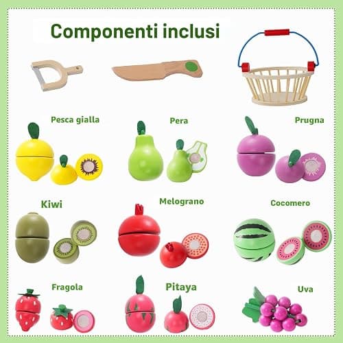 Smartwo Frutta da Tagliare in Legno Con Cesto - Accessori Cucina Giocattolo per Bambini, Verdura e Cibo Finto - Regalo Educativo per 3+ Anni thumbnail 2