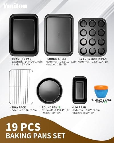 Ymiton Nonstick Bakeware Sets (7 Pcs Baking Sheet, Pans, Rack with 12 Cupcake Liners), Carbon Steel Body, Oven Safe Up to 450°F, Dishwasher Safe, Non Toxic Coating, Easy Release and Clean, Dark Gray thumbnail 3