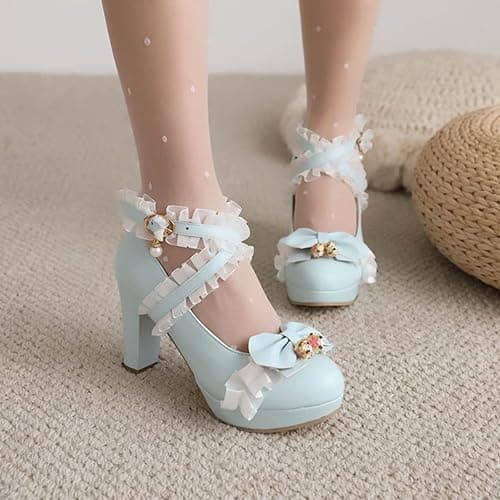 FOREADA Kawii Shoes Bow Pearl Heels Lolita Platform Heels for Women Lace Cute Mary Janes Pumps thumbnail 2