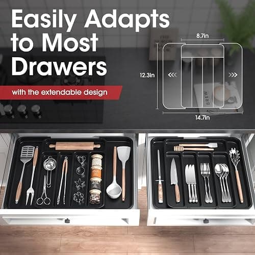 Aujen Silverware Organizer - Expandable Kitchen Drawer Organizer, Adjustable Utensil Organizer, Cutlery Tray for Forks, Knives, Multipurpose Kitchen Organizers and Storage Solution, Black, Medium thumbnail 6