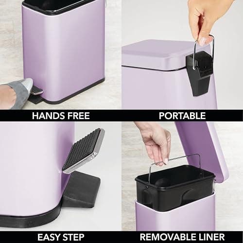 mDesign Small Modern 1.3 Gallon Rectangle Metal Lidded Step Trash Can, Compact Garbage Bin with Removable Liner Bucket and Handle for Bathroom, Kitchen, Craft Room, Office, Garage - Wisteria Purple thumbnail 5