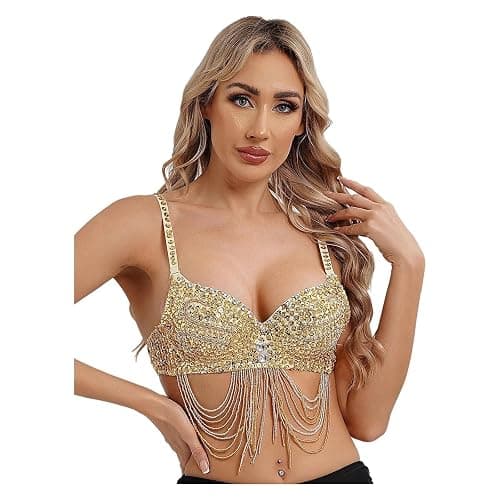 Women's Sequin Beads Bra Crop Top Fringe Rhinestone Sequin Club Bra Spaghetti Straps Underwire Push Up Bustier thumbnail 7