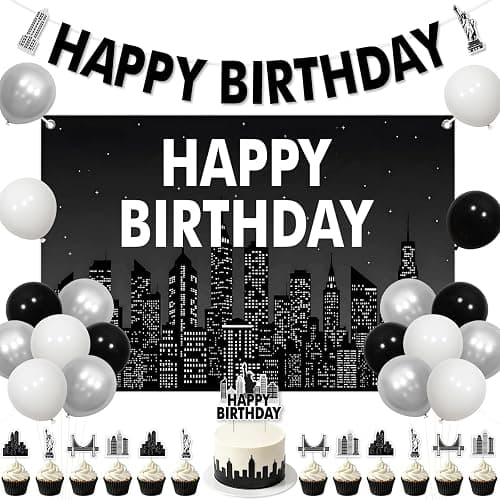 Cheerupp Black New York City Skyline Theme Birthday Decorations Set | Black NYC Skyline City Themed, NYC Skyscraper Design, Backdrop, Banner, Cake Cupcake Toppers, Balloons, for Bday Party - Image 1