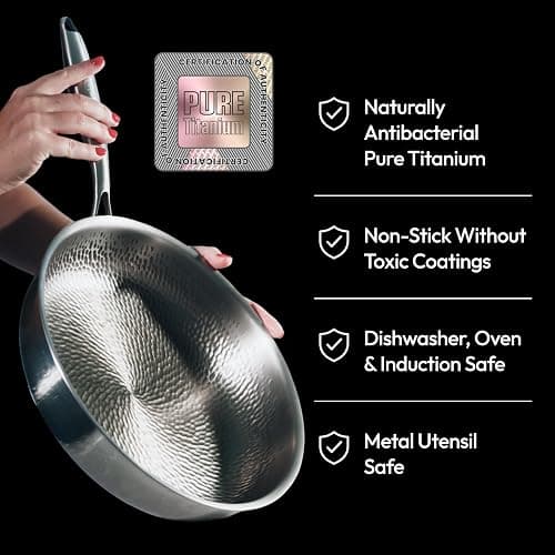 Plateful Titanium Pans For Cooking 12 Inch, No Coating Nonstick, with Lid | Pure uncoated titanium frying pan, surface sears to 750F, PFOA/PFAS/PTFE Free skillets, works on induction and all cooktops. thumbnail 2