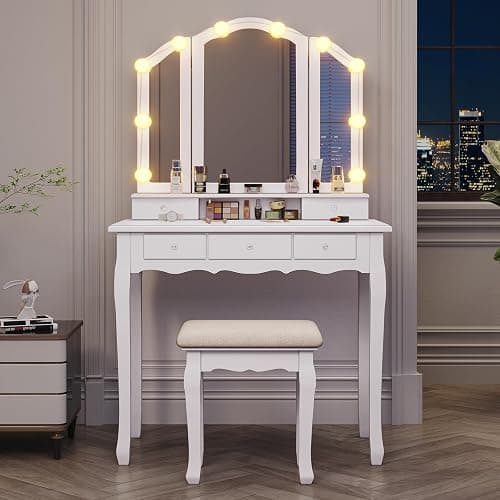 Tiptiper Vanity Table Set with Lighted Tri-Folding Mirror, Makeup Vanity with Lights & 3 Color Lighting Modes, Vanity Desk with Mirror and Cushioned Stool, Makeup Table with 5 Drawers, White thumbnail 6