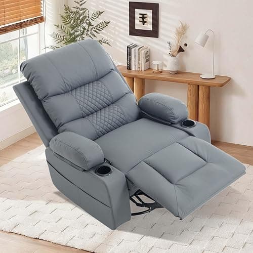 KCQ Swivel Rocker Recliner Chair with Massage and Heat, Oversized Wide Seat Faux Leather Manual Rocking Recliner Chair for Adults, Grey thumbnail 2