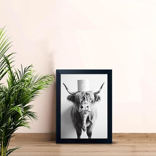 Framed Black and White Bathroom Wall Decor Highland Cow with Toilet Paper on Head Canvas Wall Art Toilet Decor Cow Pictures Wall Decor Animal Bathroom Sign Artworks for Home thumbnail 5