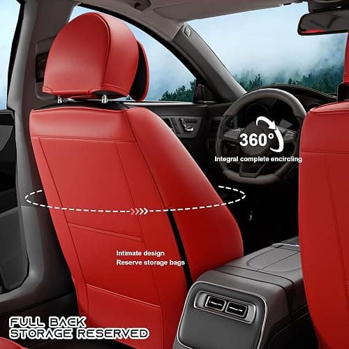 SLARY 5PCS Angel Wings Front and Back Car Seat Covers Auto Interior Accessories with Water Proof Nappa Leather for Cars SUV Pick-up Truck Universal Comfortable and Breathable (Full Set, Martha Red) thumbnail 2