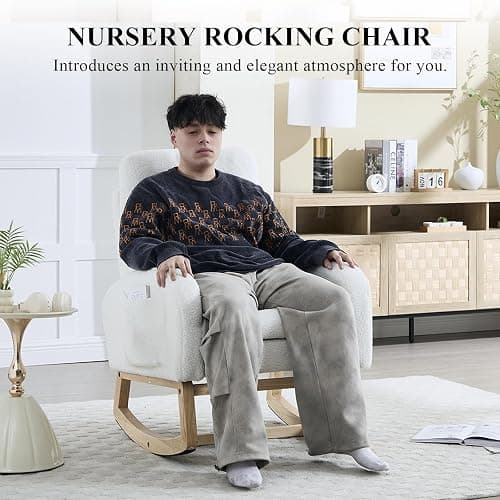 NIOIIKIT Oversized Nursery Rocking Chair, Teddy Upholstered Glider Chair with Footrest, Large Glider Rocker with Side Pocket, Rocking Accent Chair, Glider Recliner for Living Room (White Teddy) thumbnail 3
