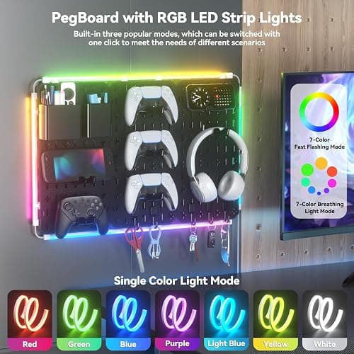 KDD 9 in 1 RGB Gaming Wall Organizer Peg Board - DIY Pegboard Combination Kit with Phone Stand/Pen Holder/Storage Box/Headset & Controller Holder/Hooks for Office & Home Gamer Room Decor Accessories thumbnail 4
