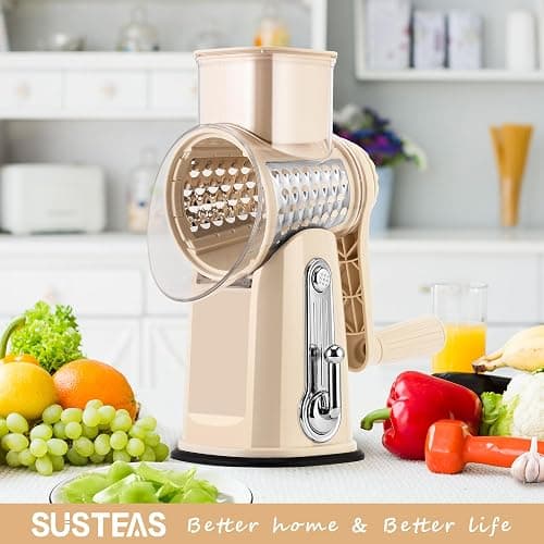 SUSTEAS Rotary Cheese Grater with Handle - Vegetable Shredder with 5 Well-designed Blades & Strong Suction Base,Round Mandoline Slicer & Food Chopper for Kitchen,with Blade Storage Box(Beige) thumbnail 2