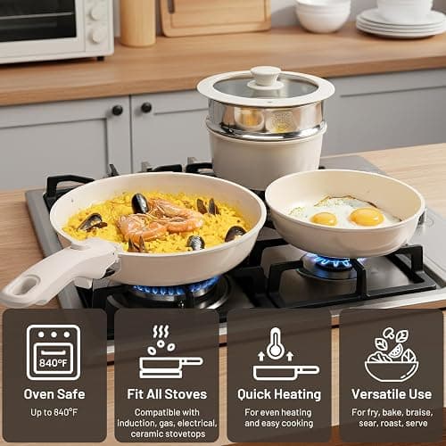 KIKCOIN Ceramic Nonstick Pots and Pans Set - Cookware Set with Detachable Handle - 25 Pack Stackable Cooking Set for RV Kitchen, with Frying Pans, Steamer - Induction/Dishwasher/Oven Safe, PFOA Free thumbnail 6