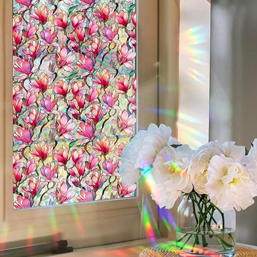 Fenster-Sichtschutzfolie, Motiv: Regenbogen-rosa Magnolien-Blüten, Sonnenschutz, dekorativ, PVC, Buntglas-Fensteraufkleber, nicht klebend, statisch haftender Aufkleber für Zuhause, Büro, 43,02 x thumbnail 2