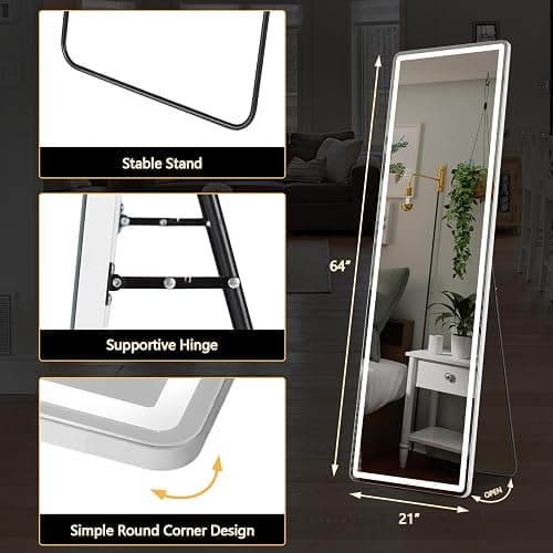 Sweetcrispy 64"x21" Full Length Standing Mirror with LED Lights, Lighted Floor Mirror with Stand, Aluminum Alloy Thin Frame, White thumbnail 7