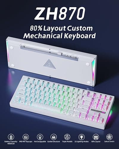 ZORNHER ZH870 Wireless Gaming Mechanical Keyboard,80% White Custom Creamy Sound Keyboard with Lighted Up White Topographic Keycaps,Creamy Sounding Linear Switches,Hot-Swappable,RGB Backlit thumbnail 3