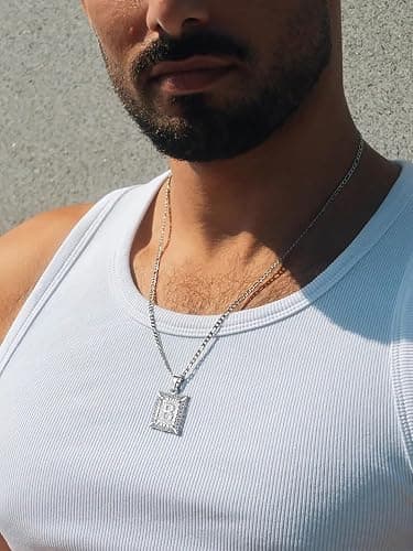 U7 Initial Letter Necklace for Men Women, 14K Gold/Silver Plated Square Capital Monogram Pendant Necklace from A-Z with 22+2 Inch Figaro Chain, Personalized Jewelry for Him thumbnail 2