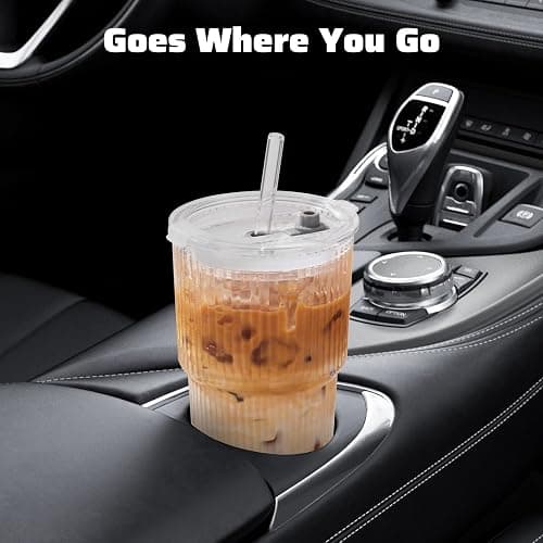GOSCHE 20oz Glass Cups with Lids and Straws, Ribbed Iced Coffee Cups, Thickened Glass Tumbler Set Ideal for Coffee, Smoothies, Cocktails, and Juices, Clear, 4 Pack thumbnail 8
