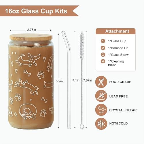 KMCCUMBER Dachshund Gift Glass Cup with Lid & Straw for Dog Lovers | Funny Weiner Dog Coffee Cup Tumbler for Dog Owner Friend Mom Wife Pet Mommy Teen Girls Thanksgiving Christmas Gift 16oz thumbnail 3