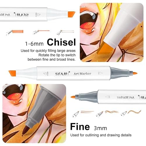 SFAIH Alcohol Markers Fine & Chisel - 49 Colors Double Tipped Art Markers for Adult Coloring Sketch Illustration, Gifts for Students Beginners - Greeting Card, Refillable Ink, Colorless Blender thumbnail 4