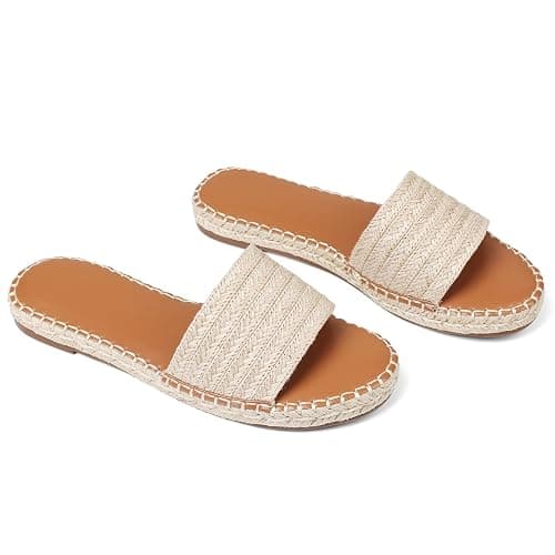Tscoyuki Womens Flat Sandals Dressy Summer Slip On Resort Womens Sandals Raffia Beach Sandals Open Toe Espadrille Slides thumbnail 4