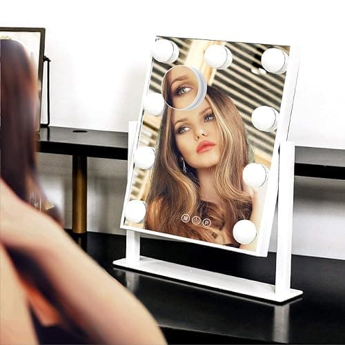 BWLLNI Lighted Makeup Mirror Hollywood Mirror Vanity Mirror with Lights, Touch Control Design 3 Colors Dimable LED Bulbs, Detachable 10X Magnification, 360°Rotation, (White) 12" L x 14" W thumbnail 5
