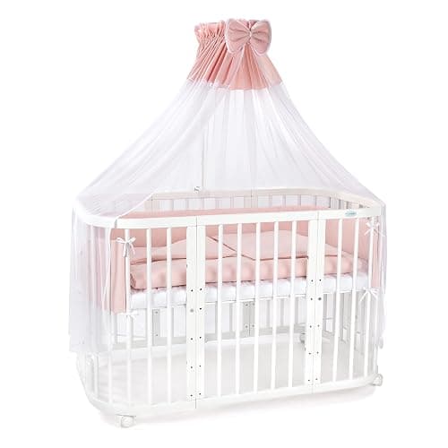 Waldin Babybett aus Holz 7in1 mit Matratze, Mitwachsendes Kinder-Bett, Belüftet, Boden 5-Fach Verstellbar, All-Inclusive-Set, Holz Weiß, Stoffe Lachs - Holz Weiß - Stoffe Lachs thumbnail 3
