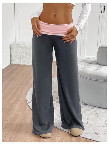 SOLY HUX Women's Sweatpants Color Block Low Rise Fold Over Waist Baggy Wide Leg Pants thumbnail 3