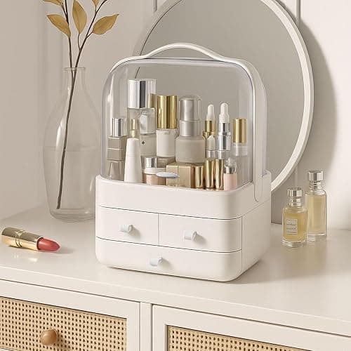 Neo Acrylic Makeup Organiser with Lid & Drawers Portable Dustproof Cosmetic Storage Box for Vanity, Bathroom Bedroom Countertop Skincare & Beauty Organiser (White) thumbnail 2