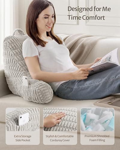 Blissful Diary Reading Pillow, Backrest Pillow with Shredded Memory Foam for Adult & Children, Designed for Bed and Couch Sitting Up, Includes Arms, Pockets and Washable Cover, Light Gray thumbnail 2