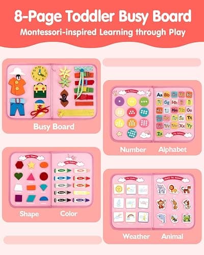 hahaland Busy Board Montessori Toys Busy Book Toddler Girl Gifts Travel Toy | Toddlers Educational Learning Toys with Life Skills, Alphabet, Number, Shape, Color, Weather, Detachable Pages for Car Ride thumbnail 2