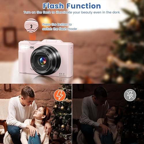4K Digital Camera for Photography with 3" 180°Flip Screen,64MP Vlogging Camera for YouTube, HD WiFi Compact Camera with Flash, 18X Digital Zoom, 32GB TF Card & 2 Batteries（Pink） - Pink thumbnail 6