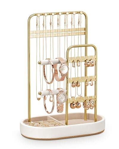 ChuStory Jewelry Organizer, Jewelry Holder Gold with Metal Frame and Velvet Ring Tray Protect headdress from scratches, Women Jewelry Stand Organizer - Image 1