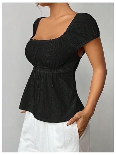 SHENHE Women's Babydoll Top Square Neck Cap Sleeve Empire Waist Cute Lace Eyelet Baby Doll Peplum Top Tshirt thumbnail 2