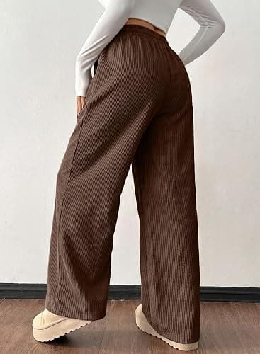 Astylish Women's Corduroy Elastic High Waisted Wide Leg Pants | Straight Leg, Casual Loose, Cozy, Trendy Office Trousers thumbnail 3