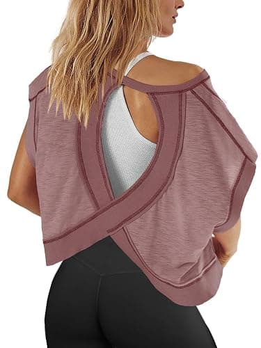 Panadila Womens Open Back Workout Top Oversized Workout T Shirts Backless Athletic Shirt Short Sleeve Baby Tee - Image 1