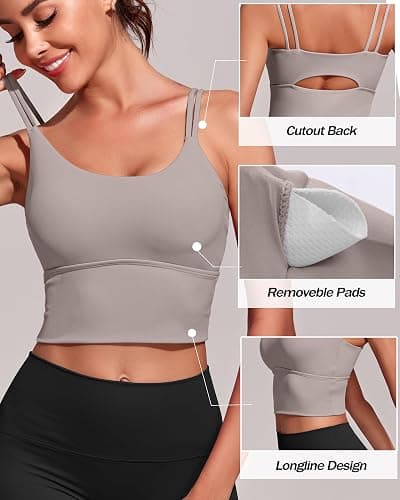 Everrysea Sports Bras for Women High Support Longline Workout Tank Tops Built in Bra Strappy Yoga Padded Crop Top - Medium - Light Brown thumbnail 5