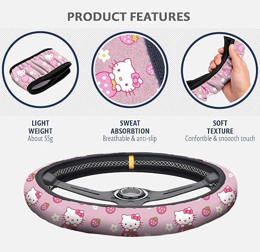 Kitty Accessories Car, Strawberry Pink Hello Cat Wheel Cover, Y2K Car Accessories, Girly Steering Wheel Cover, Universal Fit 14.5-15 inch Auto SUV Vans Trucks, Anti-Slip and Sweat Absorption - Pink thumbnail 3