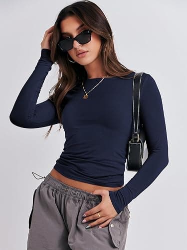 ANRABESS Women’s Long Sleeve Shirts Tight Fitted Going Out Crop Tops Crewneck Basic Tee Y2k Fall Outfits Teens Girls Clothes thumbnail 2