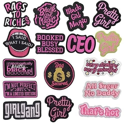 16 PCS Inspirational Phrase Iron On Patches for Girls Fashion Styles Embroidered Iron on Sew on Applique Stickers for Clothes,Jeans,Dress,Hat,Backpacks,Pants,DIY Decoration,Bags,Jackets,Vests - Image 1