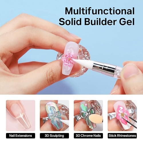 MIZHSE Solid Builder Gel for Nails, Clear 60g 3D Sculpting Gel for Nail Art Non-Sticky Molding Hard Gels UV LED Nail Charm with Gold Chrome Nail Powder and 3D Silicone Flower Mold Kit for DIY Salon thumbnail 2