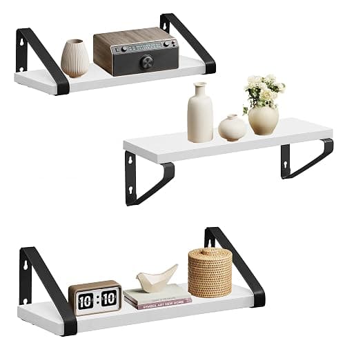 VASAGLE Wall Shelves, Floating Shelves Wall Mounted, Set of 3, 2 Mounting Ways, 30/35/40 cm, for Living Room, Bathroom, Kitchen, Cloud White and Matte Black LWS033B14 - Image 1