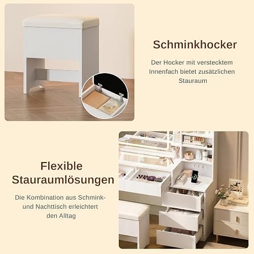 IRONCK Schminktisch mit LED-Beleuchtung, Glasplatte, Hocker & Steckdose | Schminktisch mit Spiegel, 5 Schubladen, offene Fächer, verstellbare Ablagen, 2 AC, USB-A & USB-C Anschluss, Weiß thumbnail 7