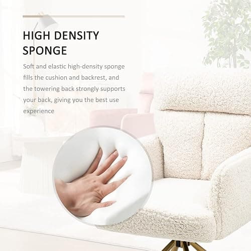 Ugijei Teddy Office Desk Chair No Wheels, Modern Vanity Chair with Gold Legs, Boucle Comfy Swivel Accent Chair, Wide Seat Computer Task Reading Armchair for Living Room Home Office (Beige) thumbnail 4