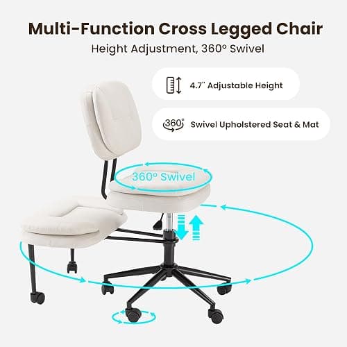 COSIEST Cross Legged Office Chair with Wheels, Ergonomic Kneeling Chair for Adults, Criss Cross Chair with Wide Seat, 360° Swivel Meditation Yoga Desk Chair, Adjustable Height, White thumbnail 6