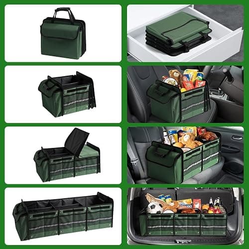 Snuopfy Car Trunk Organizer,115L Heavy Duty Collapsible Trunk Storage | Insulated Leakproof Cooler Bag with Lid, 3 Compartments,High Capacity with Straps For Car,Suv,Jeep,Sedan-Green thumbnail 4