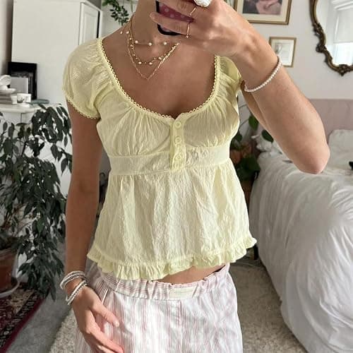 Women Y2k Cap Sleeve Shirt Lace Trim Fairy Plaid Tees Cute Ruffled Babydoll Crop Top Vintage Aesthetic Clothes thumbnail 4