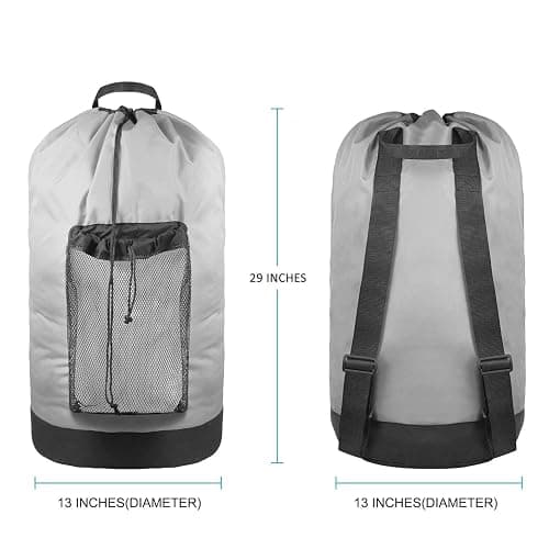 Dalykate Laundry Backpack with Shoulder Straps and Mesh Pocket Durable Nylon Clothes Hamper Bag with Drawstring Closure for College, Travel, Laundromat, Apartment - Grey thumbnail 2