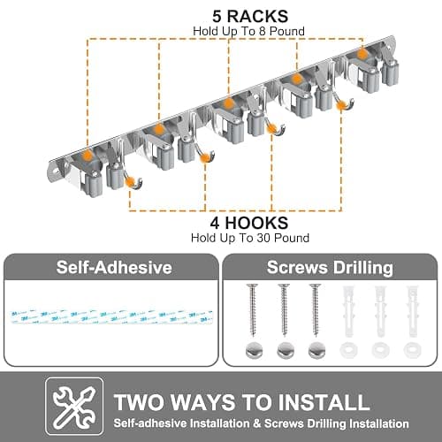 Broom Holder Wall Mount, Broom Organizer Wall Mount Stainless Steel Broom and Mop Hanger Heavy Duty Storage Organization for Home Kitchen Garden Garage Room 5 Racks 4 Hooks thumbnail 4