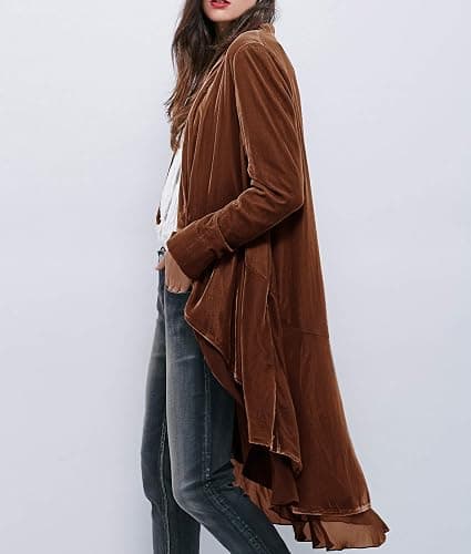 R.Vivimos Womens Ruffled Asymmetric Long Velvet Blazers Coat Casual Jackets thumbnail 2